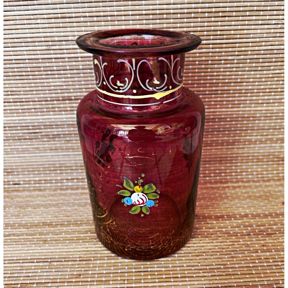 Cranberry Art Glass Vase Hand-Painted Floral Pattern Gold Trim Glossy Decor